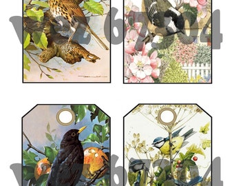 12 Vintage Bird Digital Download Tags for Junk Journals or Scrapbooking