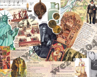 Peut inclure: Un collage d'images historiques, dont la Statue de la Liberté, une lampe à huile en argile décorée, des pièces de monnaie et un portrait d'homme. Le collage comprend également du texte et des illustrations d'événements historiques.