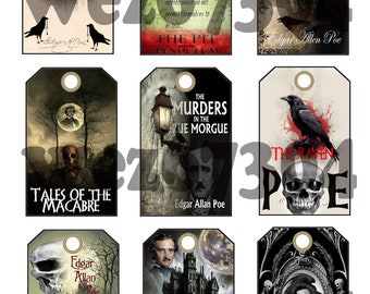 9 Edgar Allan Poe Goth Macabre Digital Download Tags for Gifts or Junk Journals