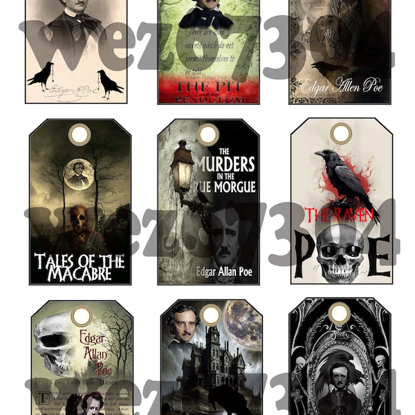 9 Edgar Allan Poe Goth Macabre Digital Download Tags for Gifts or Junk Journals
