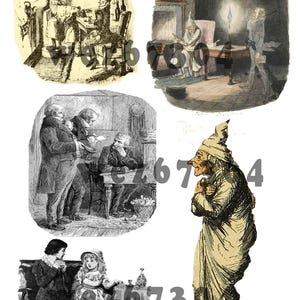 Puede incluir: Colección de ilustraciones vintage en tonos sepia. Las imágenes representan escenas con figuras vestidas de época, incluyendo un hombre en una mesa, una figura con gorro de dormir y un grupo de personas conversando. El estilo sugiere un tema histórico o literario.