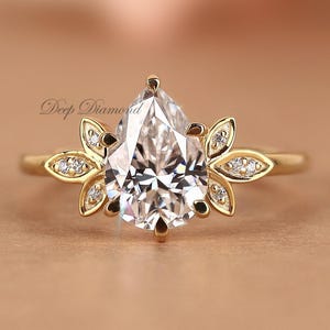 Pear Cut Lab Grown Diamond Engagement Ring: Vintage Nature Inspired Wedding Ring