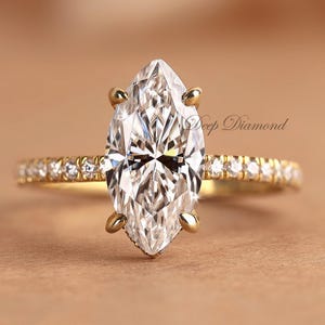 Marquise cut Lab Diamond Engagement Ring, IGI Certified EF/VS1 Diamond Ring with side Rounds, Hidden Halo Solitaire Ring, Comfort Fit Ring