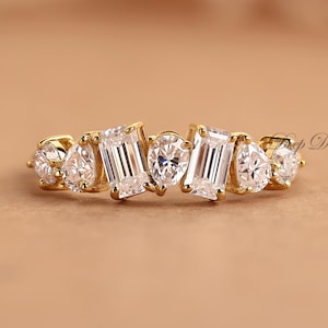 Mehrteiliges Diamantband, halbe Ewigkeit Hochzeitsring, Smaragd, Runde & Birnen Diamantband, klassisches Cluster-Band, Vorschlagsband