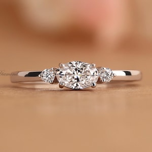 Oval Lab Grown Diamond Ring: East-West Three Stone Engagement Ring