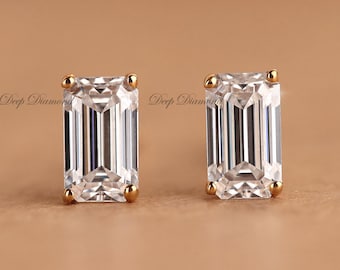 Emerald Cut Lab Grown Diamond Studs: Solid Gold Anniversary Earrings