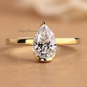 1.50 Ct Pear Lab Grown Diamond Engagement Ring: Half Bezel 10k Gold