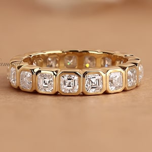 Asscher Cut Lab Grown Diamond Eternity Band: 18K Gold Bezel Set