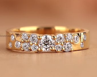 Scattered Lab Grown Diamond Band, Round cut Lab Grown Diamond Wedding Band, Wide Stackable Matching Band, Cluster Cigar Band, Birthday Gift