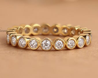 Lab Grown Diamond Eternity Band: Bezel Set Solid Gold Wedding Ring