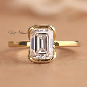Emerald Cut Lab Grown Diamond Solitaire Ring: Half Bezel Solid Gold