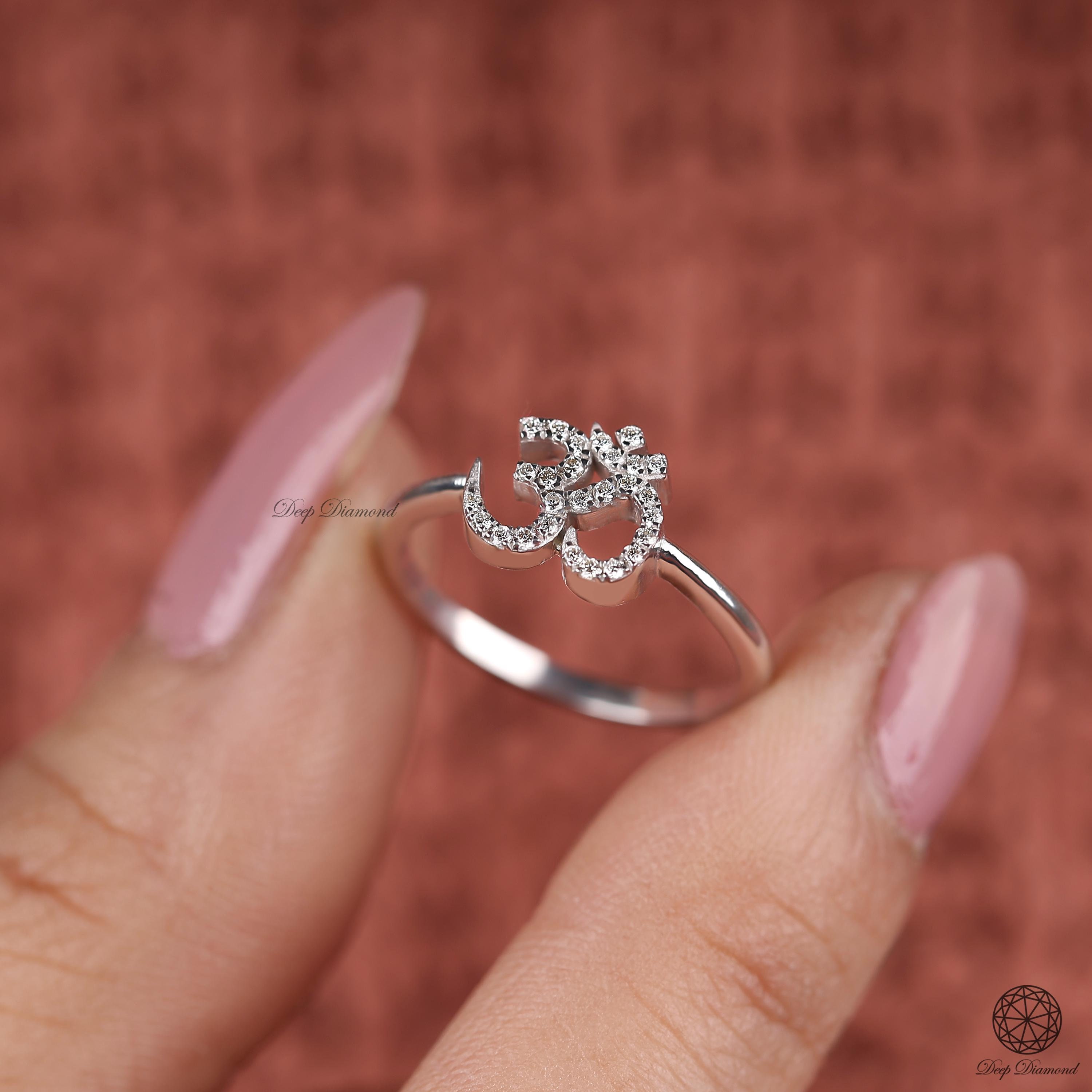 Moissanite Om Ring: 14k Solid Gold Hindu Yoga Symbol Ring