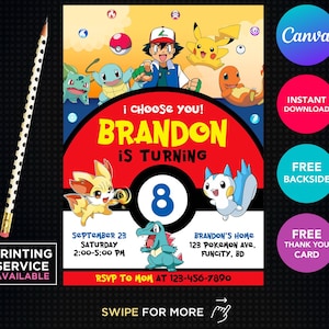 Pikachu Card Birthday Boy Invitation Printable Invite Editable Template Canva Digital or Printed Invitation Electronic Instant Download