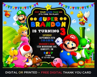 Invitation d'anniversaire Super Mario garçon Carte de remerciement à téléchargement immédiat Modèle modifiable Invitation d'anniversaire imprimable numérique ou imprimée