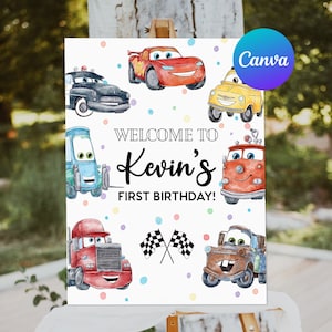 Coches cumpleaños signo de bienvenida niño iluminación McQueen carrera coche fiesta decoración bienvenida al aire libre patio signo editable plantilla imprimible