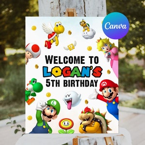 Super Mario Geburtstag Willkommensschild Boy Mario Bros Geburtstagsfeierdekoration Willkommen im Freien Yard Sign Bearbeitbare Vorlage zum Ausdrucken