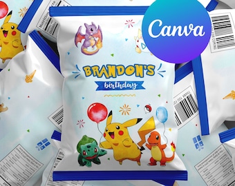 Pikachu Birthday Chip Bag Labels Boy Pokemon Game Party Decoration Digital Printable Editable Template