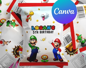 Super Mario Geburtstags-Chip-Beuteletiketten Junge Mario Bros Geburtstagsfeierdekoration Super Brothers Digital druckbare bearbeitbare Vorlage