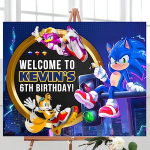 Sonic the Hedgehog cumpleaños signo de bienvenida niño Super Sonic fiesta decoración bienvenida al aire libre patio signo editable plantilla imprimible