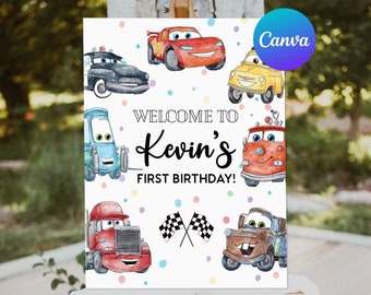 Coches cumpleaños signo de bienvenida niño iluminación McQueen carrera coche fiesta decoración bienvenida al aire libre patio signo editable plantilla imprimible