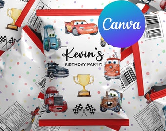 Cars Cumpleaños Chip Bolsa Etiquetas Niño Iluminación McQueen Race Car Fiesta Decoración Digital Imprimible Editable Plantilla