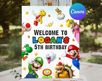Super Mario Geburtstag Willkommensschild Boy Mario Bros Geburtstagsfeierdekoration Willkommen im Freien Yard Sign Bearbeitbare Vorlage zum Ausdrucken