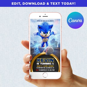 Sonic the Hedgehog verjaardagsuitnodiging Boy Party mobiele telefoon tekst elektronische e-mail SMS Evite digitale bewerkbare sjabloon direct downloaden