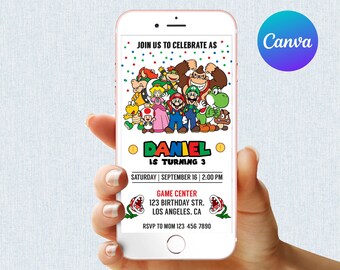 Super Mario Birthday Invitation Boy Party Mobile Phone Text Electronic Email SMS Evite Digital Editable Template Instant Download