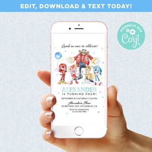 Sonic the Hedgehog Geburtstagseinladung Jungen-Party-Handy-Text elektronische E-Mail-SMS Evite Digital bearbeitbare Vorlage, sofortiger Download