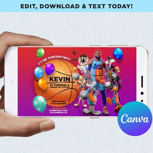 May include: A birthday invitation featuring a basketball with the text "It's time to birthday party!" and "Kevin is turning 5 August 26 | 2:00 PM". The invitation also features cartoon characters from the "Space Jam" movie, including Bugs Bunny, Daffy Duck, and Taz.