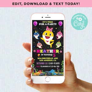 Kinder Hai Geburtstagskind Handy Text Einladung Digitale E-Mail Einladung Digitale bearbeitbare Vorlage Sofortiger Download