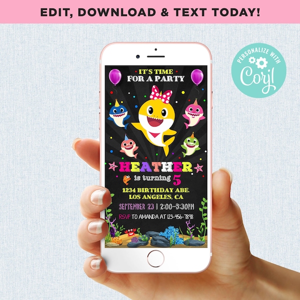 Kids Shark Birthday Girl Mobile Phone Text Invitation Electronic Email SMS Invite Digital Editable Template Instant Download