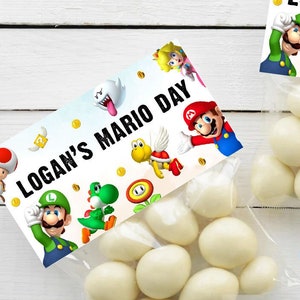 Super Mario Birthday Bag Topper Boy Mario Bros Decorazione festa di compleanno Modello modificabile stampabile digitale Super Brothers Download immediato
