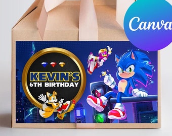 Sonic the Hedgehog Geburtstags-Gable-Box-Etiketten-Junge Super Sonic Partydekoration Favor Box Sticker Digital druckbare bearbeitbare Vorlage
