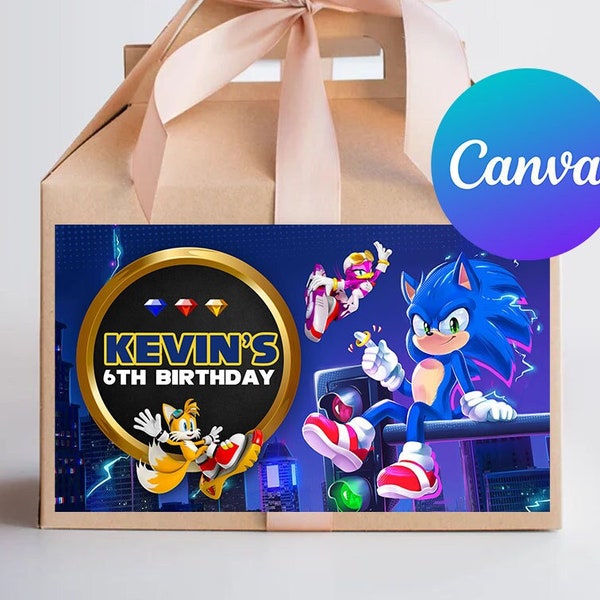 Sonic the Hedgehog Birthday Gable Box Labels Boy Super Sonic Party Decoration Favor Box Sticker Digital Printable Editable Template