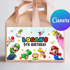 Super Mario Geburtstags-Gable Box-Etiketten Junge Mario Bros Geburtstagsfeierdekoration Favor Box Aufkleber Digital druckbare bearbeitbare Vorlage