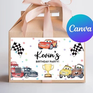Étiquettes pour boîte à pignon anniversaire voitures garçon éclairage voiture de course McQueen décoration de fête boîte cadeau autocollant modèle modifiable imprimable numérique