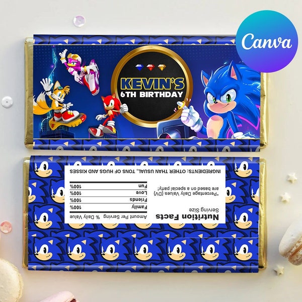 Sonic the Hedgehog Birthday Chocolate Wrapper Boy Super Sonic Party Decorazione Hershey Bar etichette modello modificabile stampabile