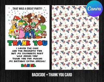 Super Mario Thank You Card Birthday Boy Editable Template Canva Printable Instant Download Digital or Printed Super Mario Birthday Theme