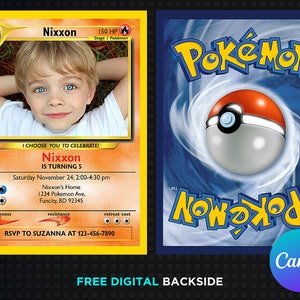 Pikachu Card Invito di compleanno con foto stampabile modello modificabile Canva digitale o stampato Inviti Invito di compleanno ragazzo