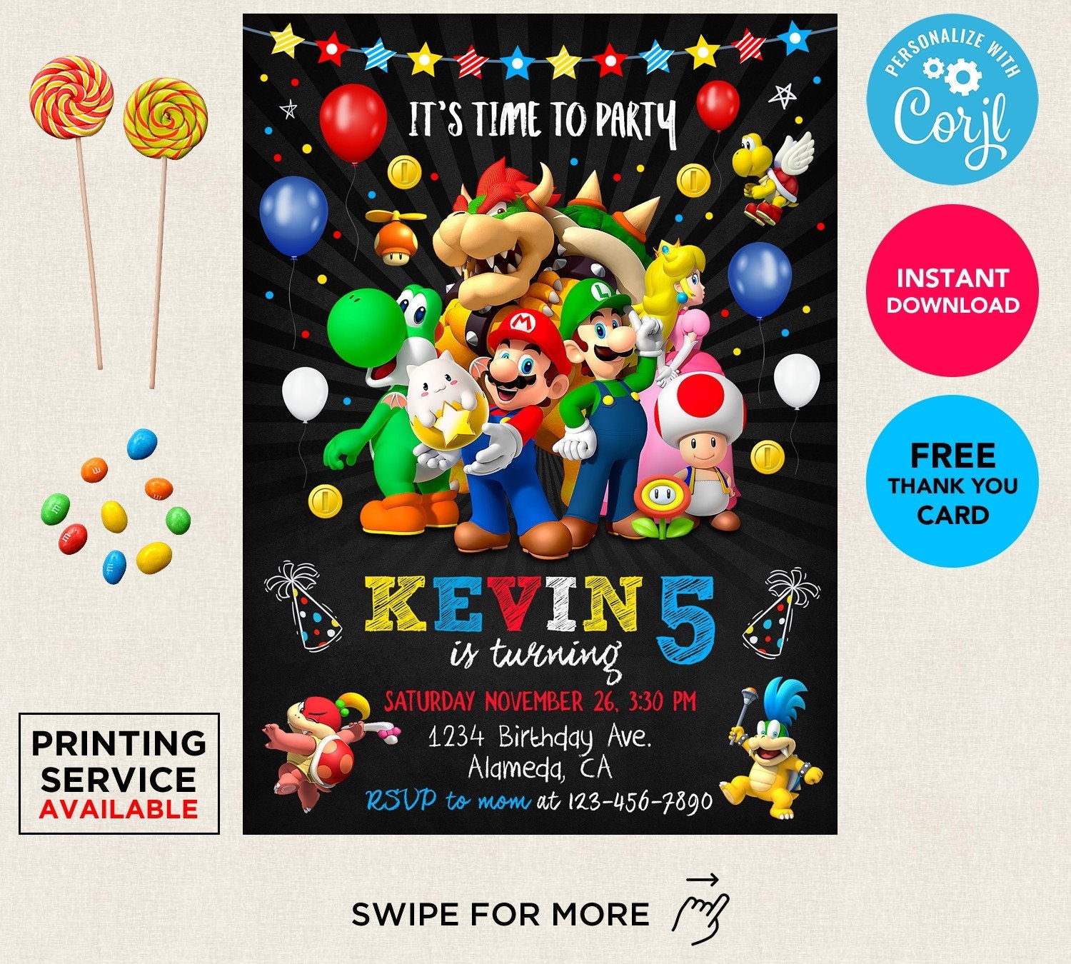 Super Mario Birthday Boy Invitation Personalized Thank You Etsy Australia