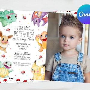 Pikachu Card Birthday Invitation with Picture Photo Printable Editable Template Canva Digital or Printed Invites Birthday Invitation Boy