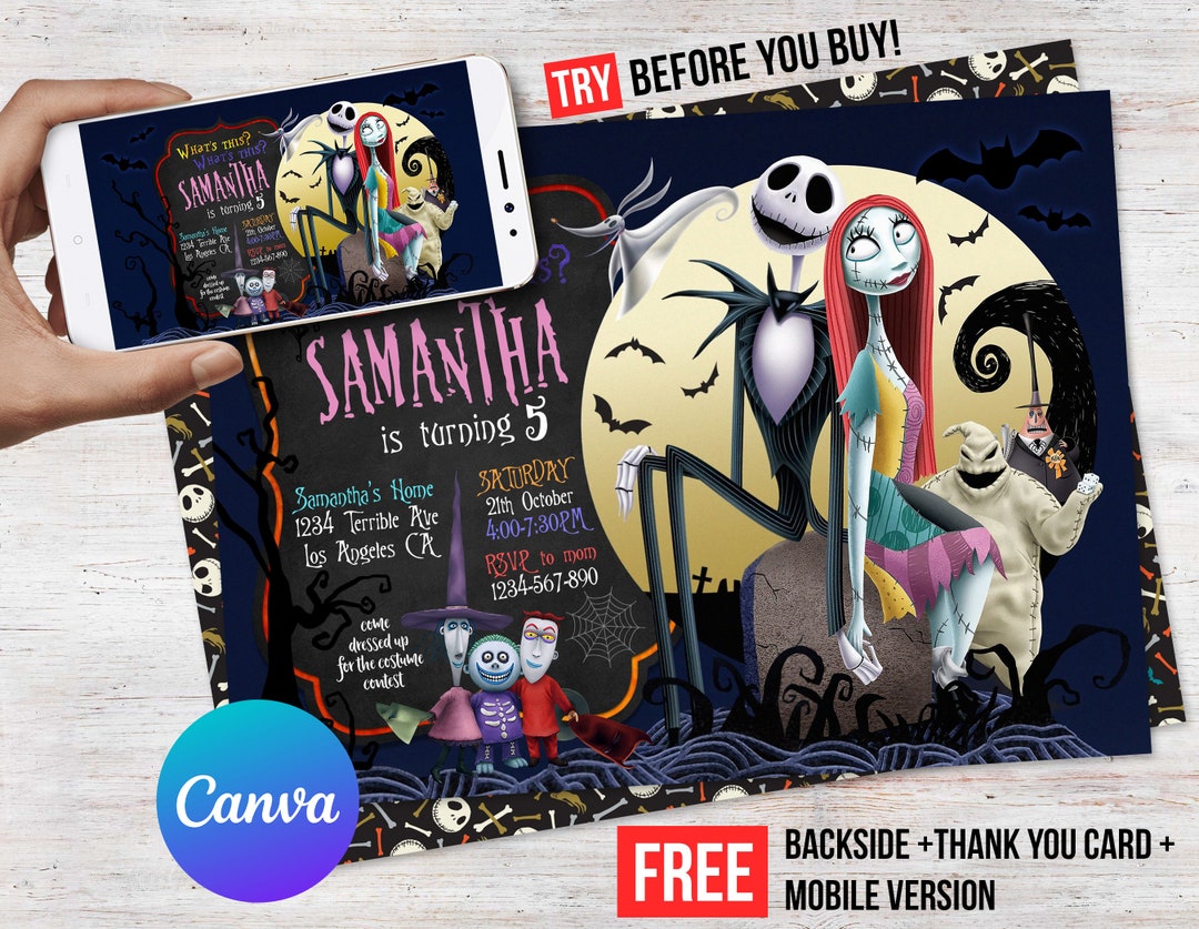 Nightmare Before Christmas Birthday Invitation Girl Halloween Invite Thank You Card Boy Custom ...