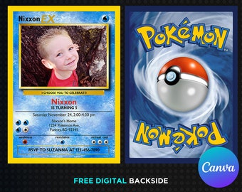 Pikachu Karte Geburtstagseinladung mit Bild Foto druckbare bearbeitbare Vorlage Canva Digital oder gedruckt lädt Geburtstagseinladungsjunge ein