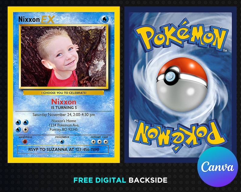 Może przedstawiać: Spersonalizowana karta zaproszenia urodzinowego w stylu Pokemon. Prz&oacute;d zawiera zdjęcie dziecka, imię "Nixxon" i szczeg&oacute;ły imprezy. Tył przedstawia Pok&eacute; Ball i słowo "Pok&eacute;mon".