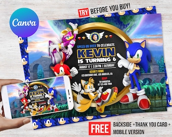 Sonic the Hedgehog Birthday Boy Invitation Photo Picture Electronic Thank You Card Instant Download Mobile Phone Evite Editable Template