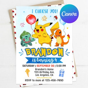 Puede incluir: Una colorida invitación de cumpleaños con el texto "I CHOOSE YOU!" y el nombre "BRANDON". La invitación presenta personajes de dibujos animados y detalles del evento. El fondo es blanco con un patrón de Pokéballs rojas y blancas.