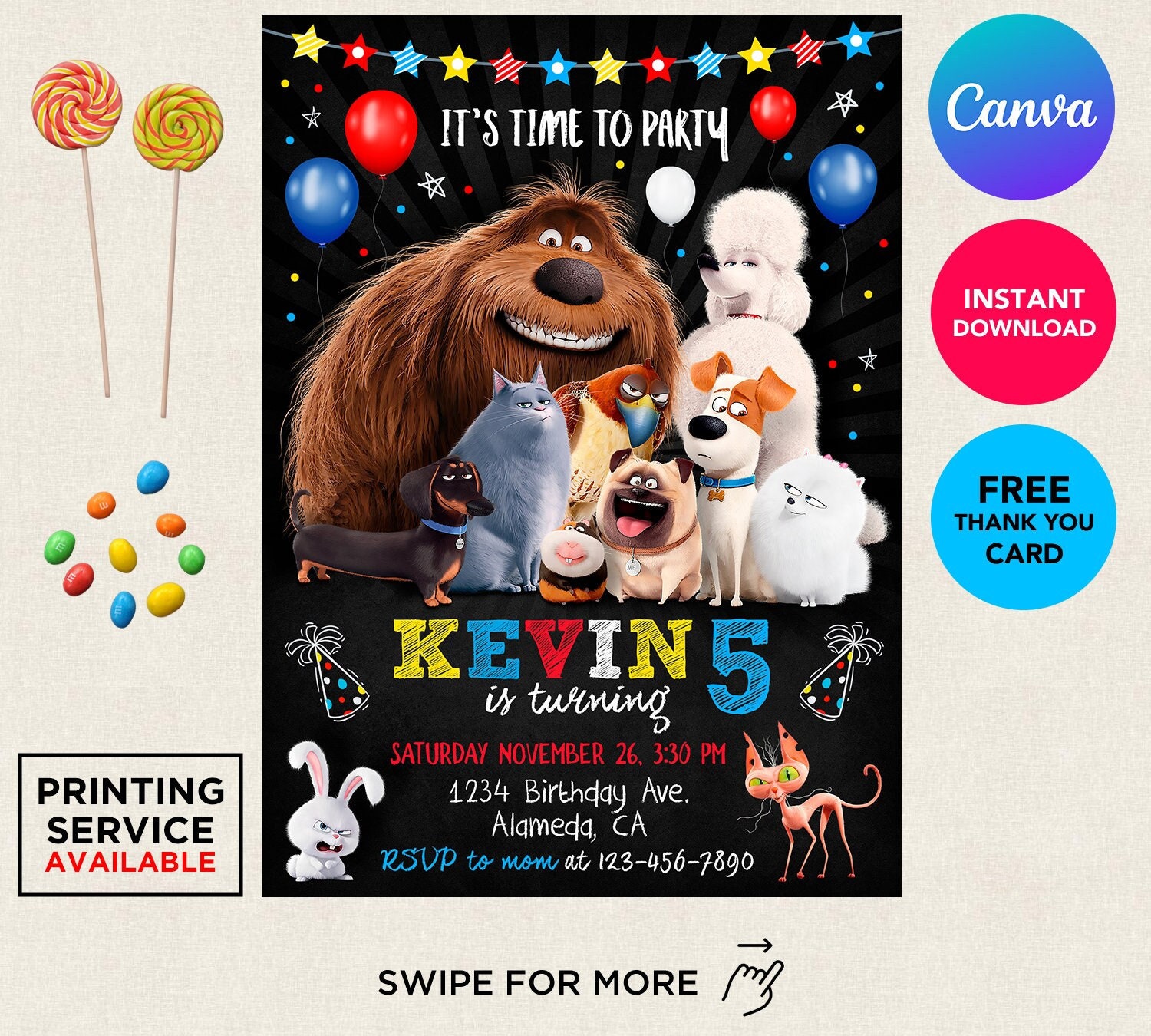 Secret Life of Pets Birthday Boy Invitation Custom Thank You Card Digital Editable Template Instant Download Digital or Printed