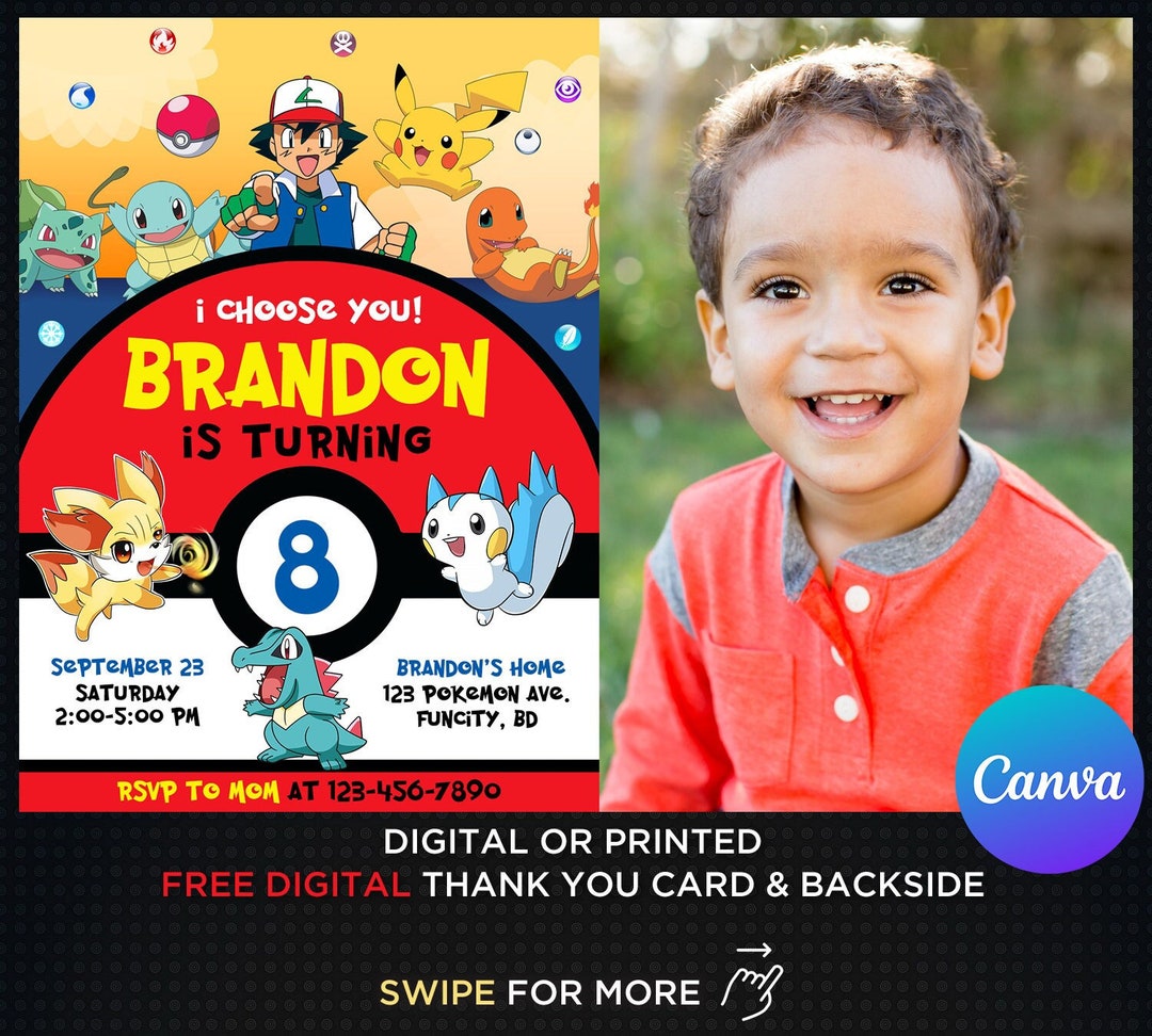 Pikachu Card Birthday Invitation With Picture Photo Printable Editable ...