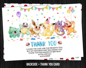 Carte de remerciement Pikachu anniversaire garçon modèle modifiable Corjl imprimable téléchargement immédiat numérique ou imprimé